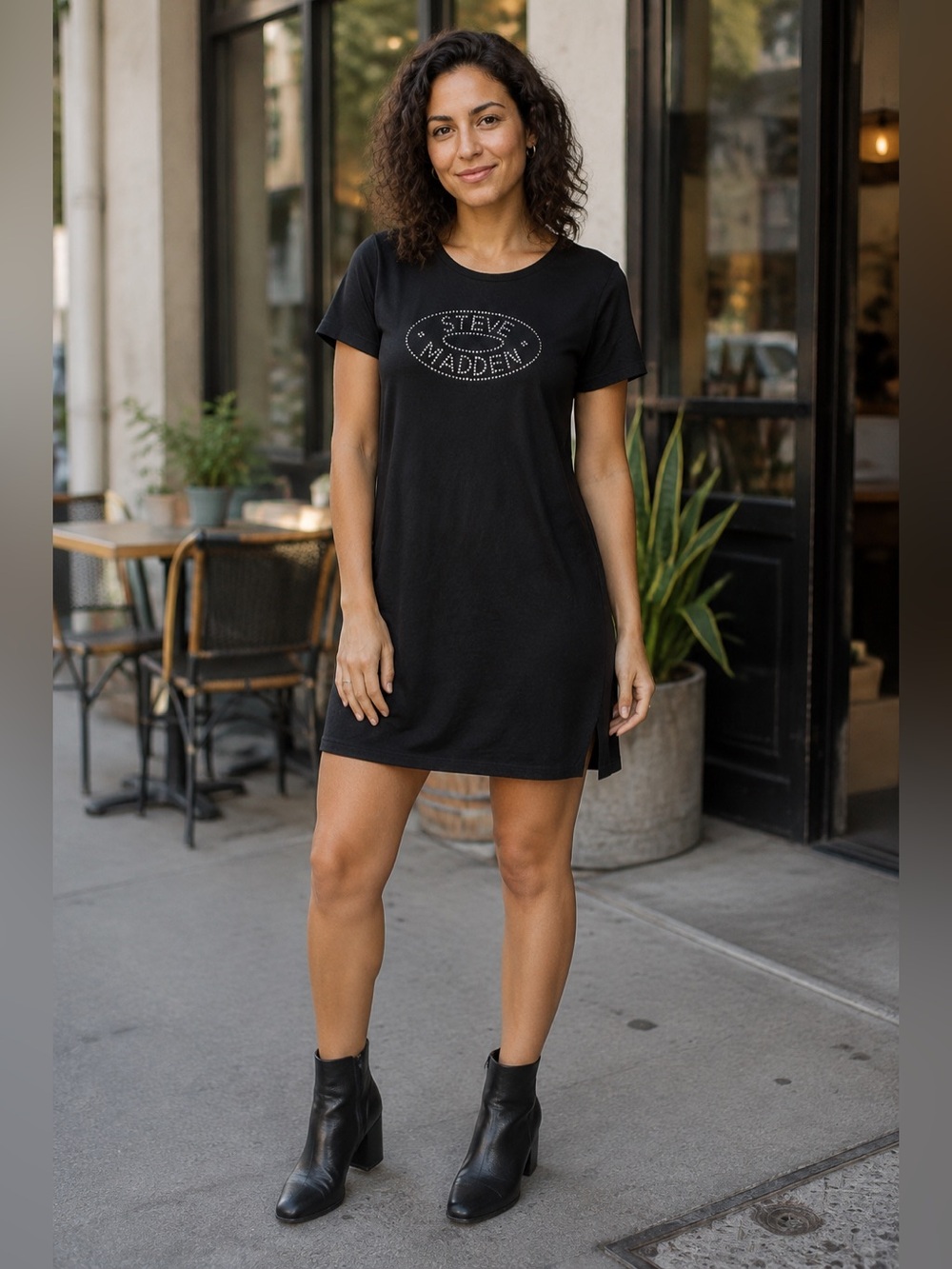 Steve Madden Black Rhinestone Short Sleeve Logo Mini Dress / Shirt Medium